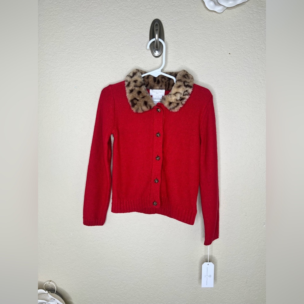 Adrienne Vittadini Girl Red Metallic Knit Cardigan Faux Fur Leopard Collar Sz 4